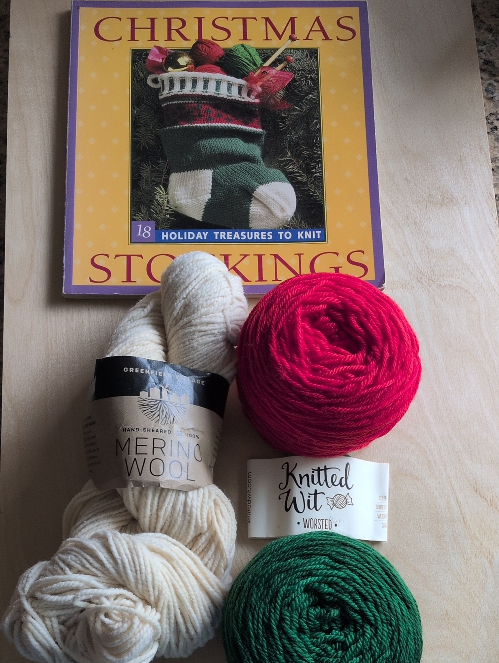 Knitted Wit & Merino Wool Holiday Yarn kit, Red, Green, Cream -Knit A Stocking